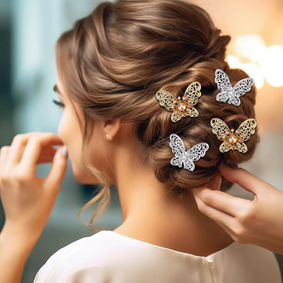 16Pcs Butterfly Wedding Hair Pins, FHDUSRYO Shiny Bridal Hair Clips, Crystal Pearl Butterfly Hairpin, U Shaped Rhinestone Hair Barrettes, Wedding Hair Accessories for Women, Girls, Party (Gold)