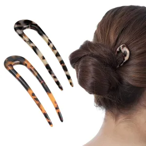 2 Pack Benefree French Style Cellulose Acetate Tortoise Shell U Shaped Hair Pins Fork 2 Prong Updo Chignon Pin for Women Girls Hairstyle AccessoriesTortoiseshell and White Tortoiseshell)