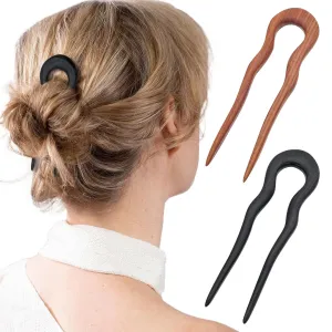 2 Pack Wooden Hair Sticks U Shaped Hairpins Vintage Hair Forks 2-Prong Wave Hair Chopsticks Elegant Chignon Pins Handmade French Hair Pins Hair Accessories for Women Bun Updo Hairstyle