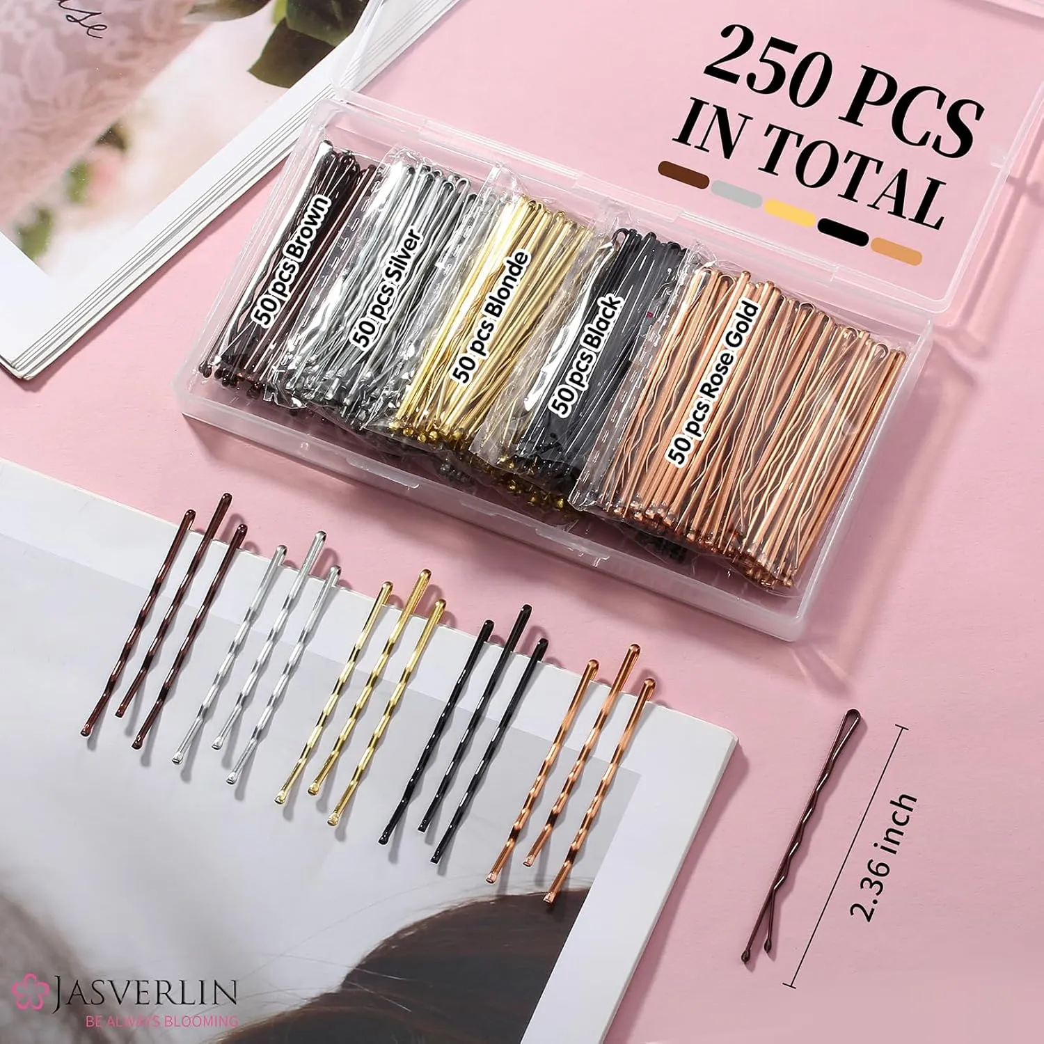 2.36 250 Pcs Large Bobby Pins Black Brown Blonde Silver for Women, Jumbo Hair Pins for Long Thick Decorative Hairpins Secure Hold Hair Styling Accessories Kit for Updo Bun Girls (6 cm)