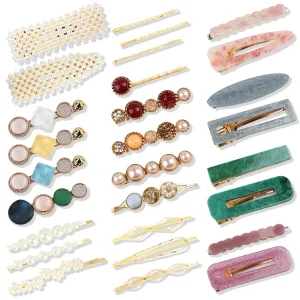 28PCS Pearl Acrylic Resin Hair Clips, Colorful Alligator Hair Barrettes, Fancy Geometric Hairpin, Gold Duckbill Bobby Pins, Glittering Hair Accessories for Women Decorative Wedding Party