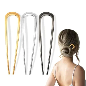 3 Pcs French Hair Pin for Women, 5.5 Inch Metal U-Shaped Hair Clip for Thick Hair, Hair Pins Suitable for Different Hairstyles (Black, Gold, Silver)