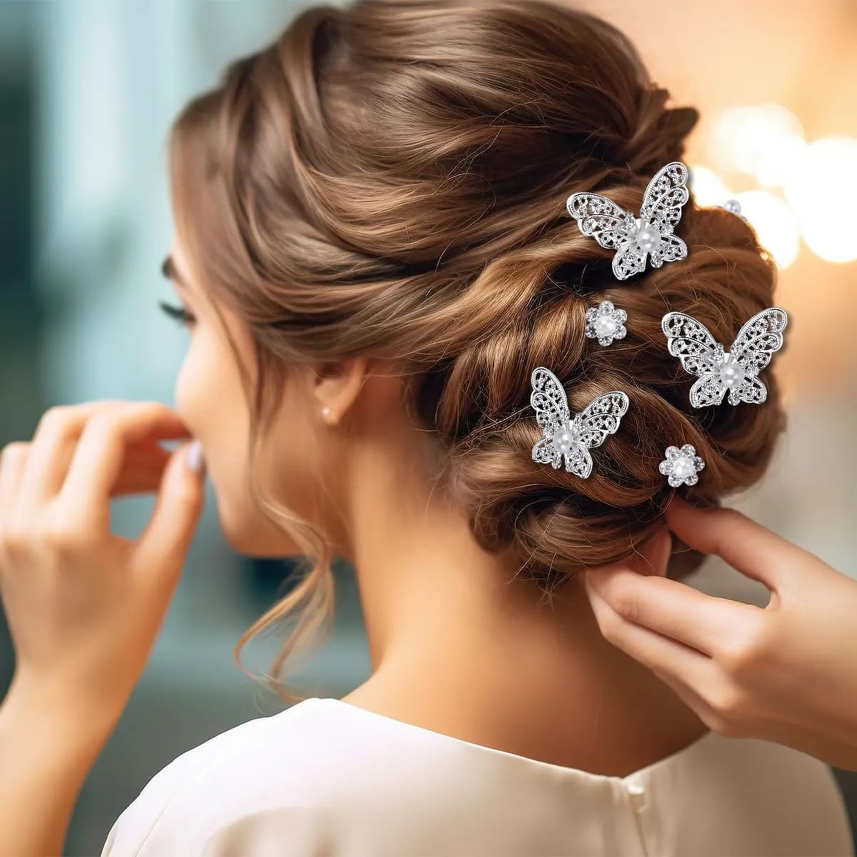 30Pcs Butterfly Wedding Hair Pins, FHDUSRYO Shiny Bridal Hair Clips, Crystal Pearl Butterfly Flower Hairpin, U Shaped Rhinestone Hair Barrettes, Wedding Hair Accessories for Women, Girls (Sliver)