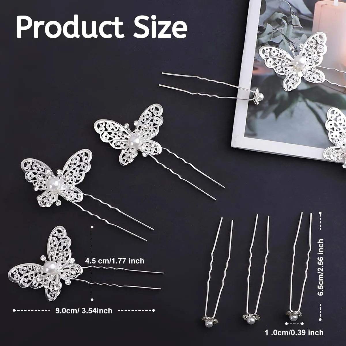 30Pcs Butterfly Wedding Hair Pins, FHDUSRYO Shiny Bridal Hair Clips, Crystal Pearl Butterfly Flower Hairpin, U Shaped Rhinestone Hair Barrettes, Wedding Hair Accessories for Women, Girls (Sliver)