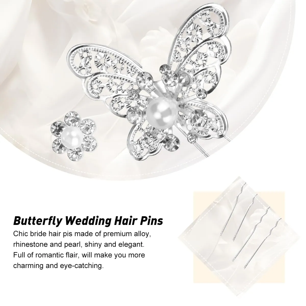 30Pcs Butterfly Wedding Hair Pins, FHDUSRYO Shiny Bridal Hair Clips, Crystal Pearl Butterfly Flower Hairpin, U Shaped Rhinestone Hair Barrettes, Wedding Hair Accessories for Women, Girls (Sliver)