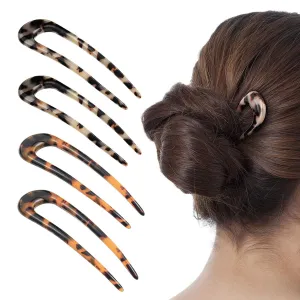 [4 Pack] Benefree French Style Cellulose Acetate Tortoise Shell U Shaped Hair Pin Fork 2 Prong Updo Chignon Pin for Women Girls Hairstyle AccessoriesTortoiseshell and White Tortoiseshell)