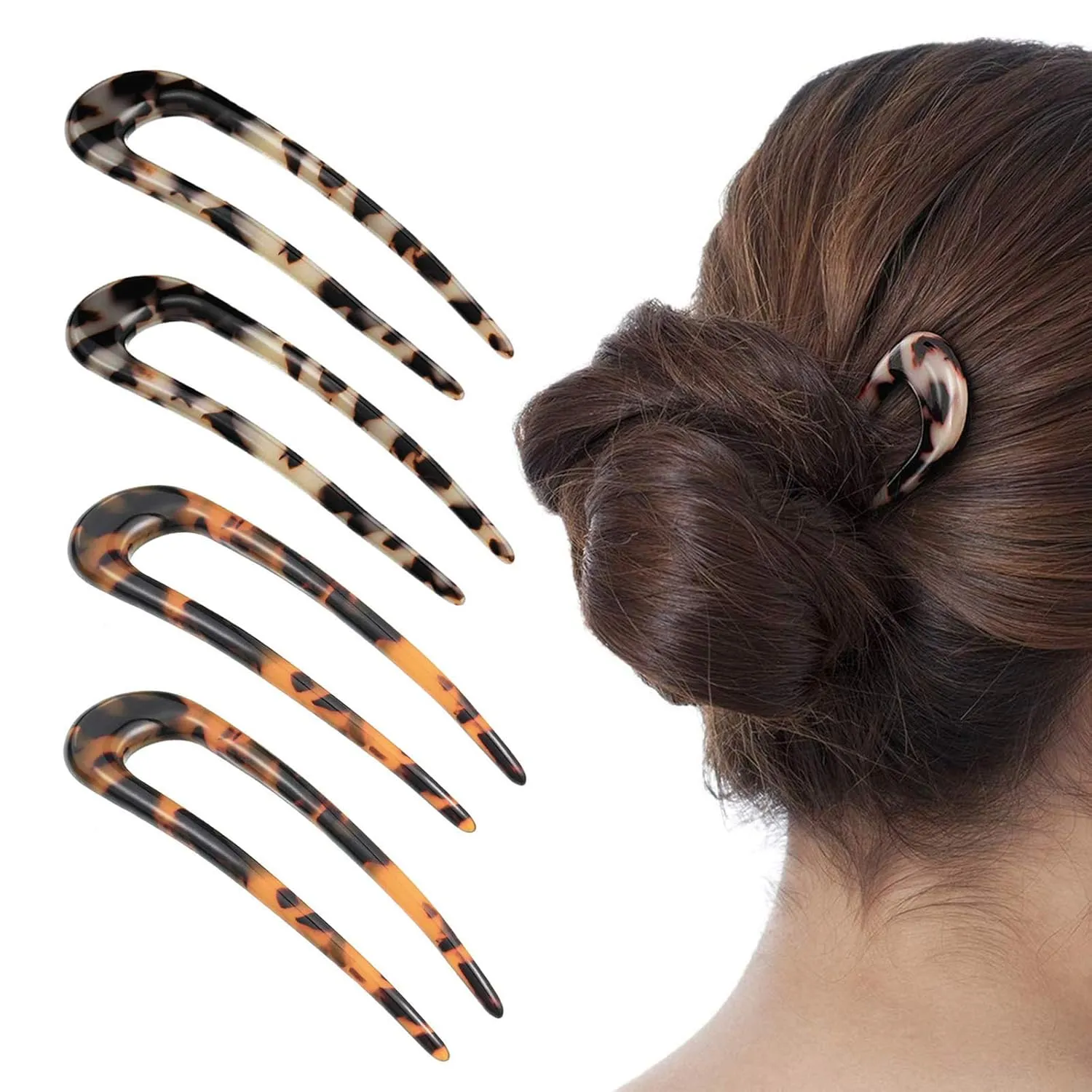 [4 Pack] Benefree French Style Cellulose Acetate Tortoise Shell U Shaped Hair Pin Fork 2 Prong Updo Chignon Pin for Women Girls Hairstyle AccessoriesTortoiseshell and White Tortoiseshell)