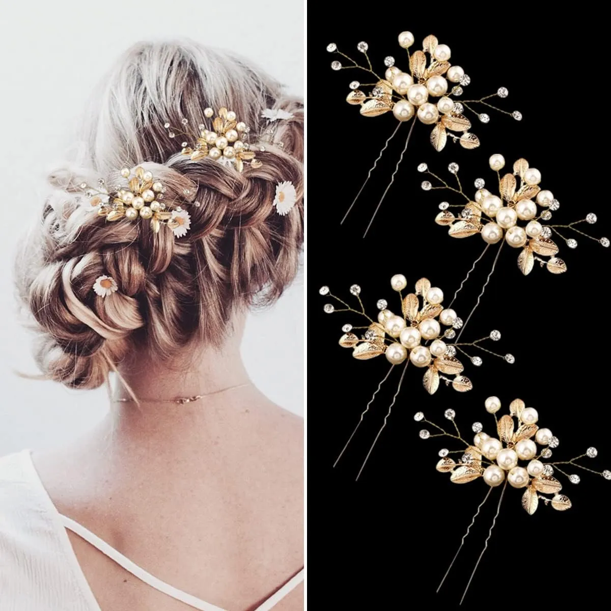 4 Pcs Hair Pins, Floral Hair Clip Bridal Accessories for Women and Girls - Pearl Wedding Flower Hair Accessories for Women