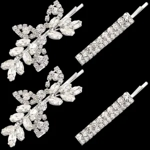 4 Pieces Bridal Hair Clips, Rhinestone Hair Accessories Leaf Wedding Hair Pins Crystal Bobby Pins Silver Hairpin Jewelry Barrette for Brides Bridesmaids Flower Girls (Classic Type)