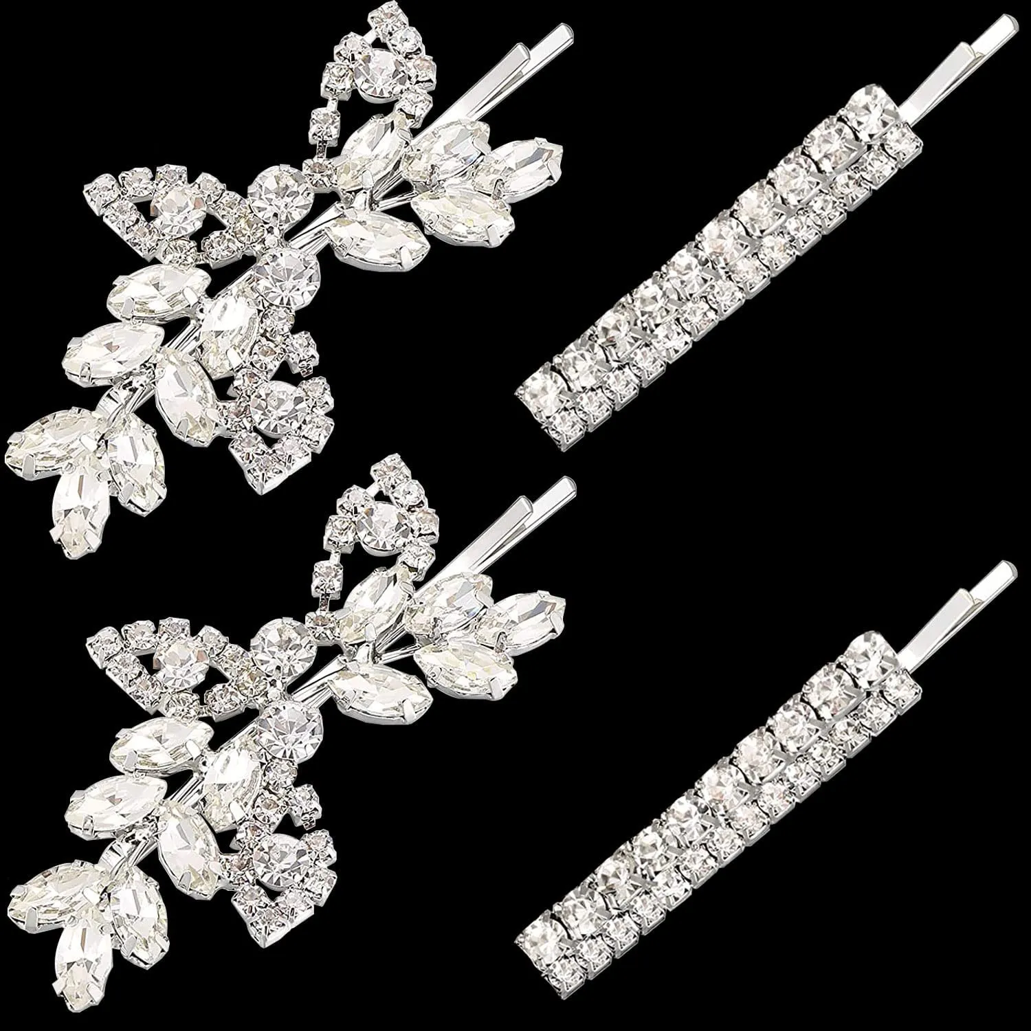 4 Pieces Bridal Hair Clips, Rhinestone Hair Accessories Leaf Wedding Hair Pins Crystal Bobby Pins Silver Hairpin Jewelry Barrette for Brides Bridesmaids Flower Girls (Classic Type)
