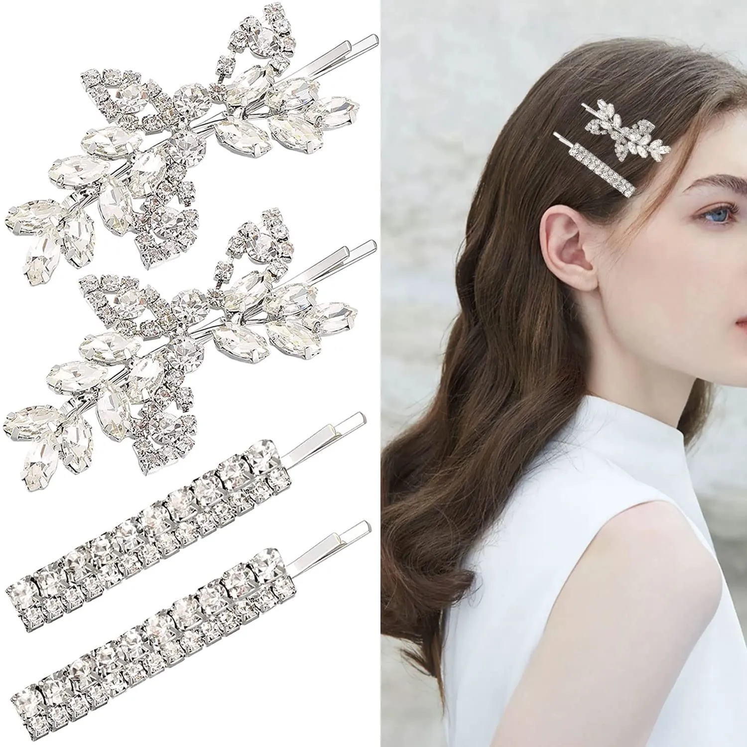 4 Pieces Bridal Hair Clips, Rhinestone Hair Accessories Leaf Wedding Hair Pins Crystal Bobby Pins Silver Hairpin Jewelry Barrette for Brides Bridesmaids Flower Girls (Classic Type)