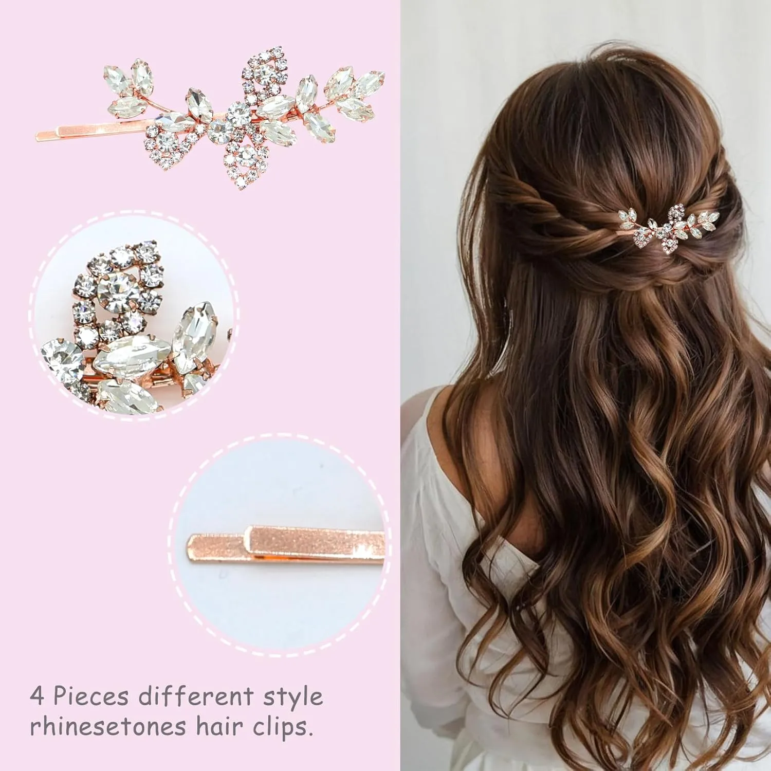 4 Pieces Rhinestone Hair Clips Leaf Wedding Hair Pins Crystal Bobby Pins Silver Bridal Hairpin Barrette for Brides Bridesmaids Flower Girls (Rose Gold)