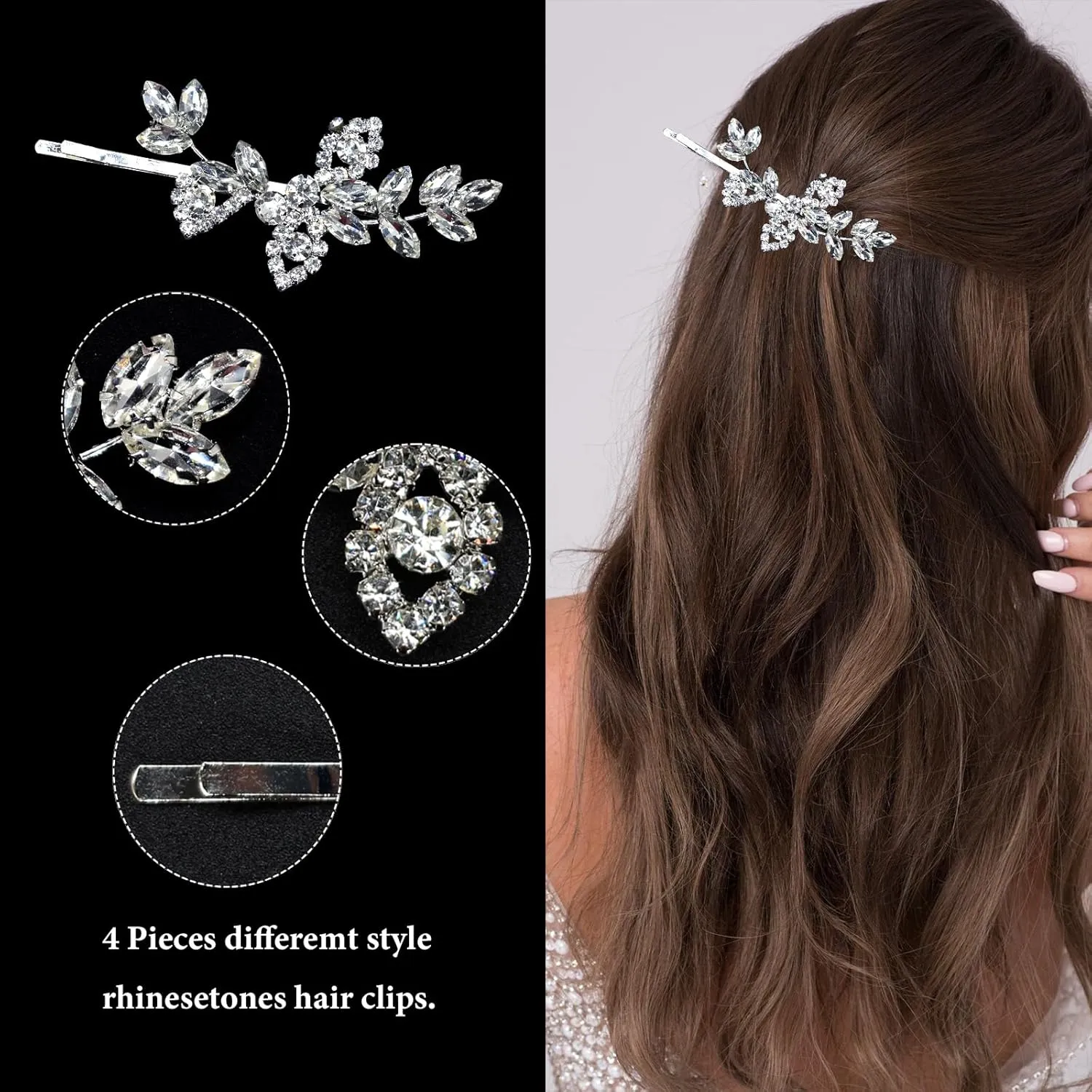 4 Pieces Rhinestone Hair Clips Leaf Wedding Hair Pins Crystal Bobby Pins Silver Bridal Hairpin Barrette for Brides Bridesmaids Flower Girls