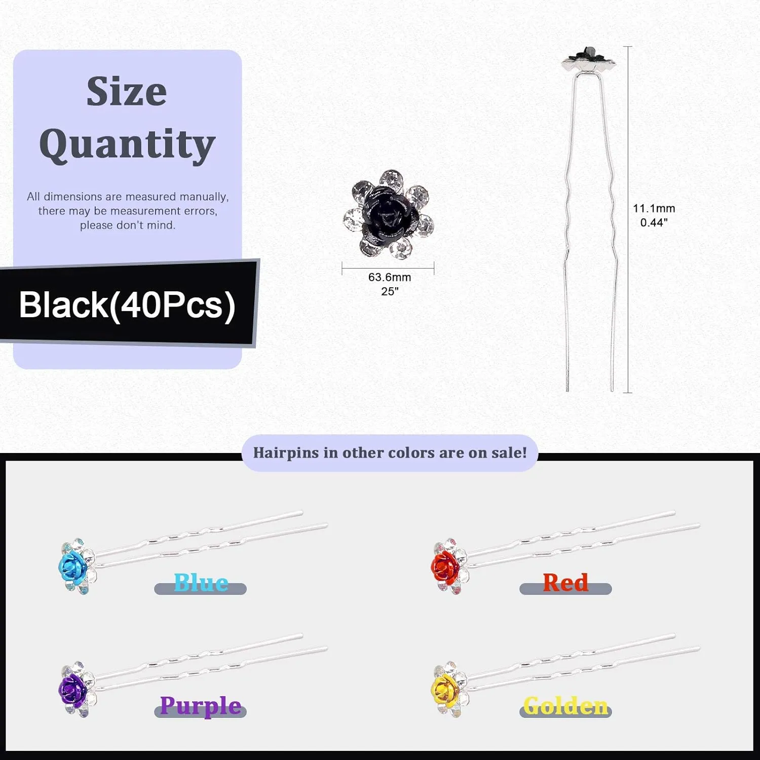 40 Pcs Black Crystal Hair Pins Rose Flower Rhinestone Hair Clips U Shaped Hair Pins Bobby Pins Bun Hairpins for Wedding Bridal Women Hair Jewelry Accessories with Storage Case