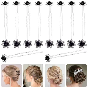 40 Pcs Black Crystal Hair Pins Rose Flower Rhinestone Hair Clips U Shaped Hair Pins Bobby Pins Bun Hairpins for Wedding Bridal Women Hair Jewelry Accessories with Storage Case