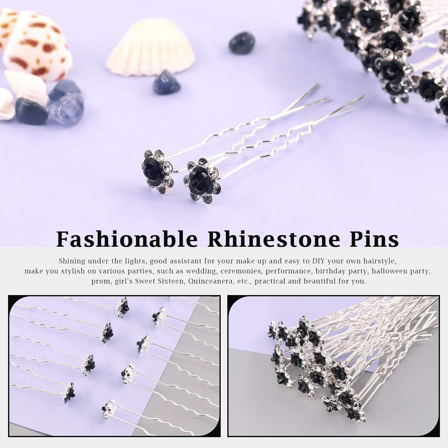 40 Pcs Black Crystal Hair Pins Rose Flower Rhinestone Hair Clips U Shaped Hair Pins Bobby Pins Bun Hairpins for Wedding Bridal Women Hair Jewelry Accessories with Storage Case