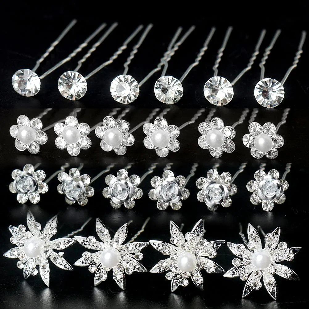 40 Pieces Bridal Hair Pins, Clips and Barrettes with Crystal Pearl Flowers, Women's Proms Hair Jewelry Accessories, Gift Stocking Stuffers for Girls