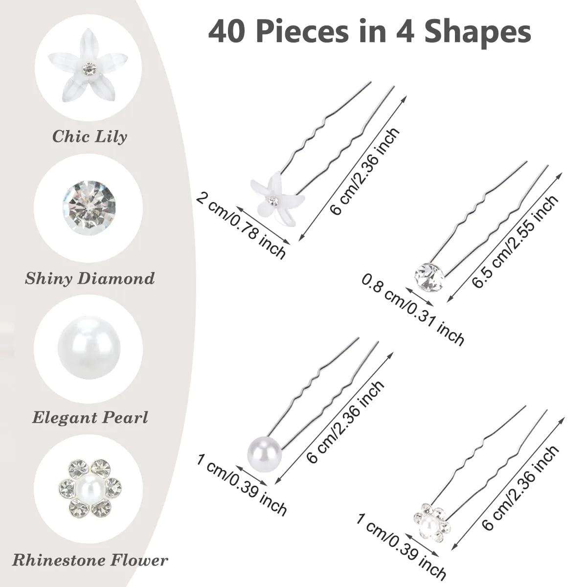 40Pcs Bride Wedding Hair Pins, Flower Bridal Hairpin, Crystal Pearl Hair Clip, Rhinestone Hair Barrettes U Shaped Hair Pins, Wedding Hair Accessories for Women, Girls, Bridesmaids(4 Styles)