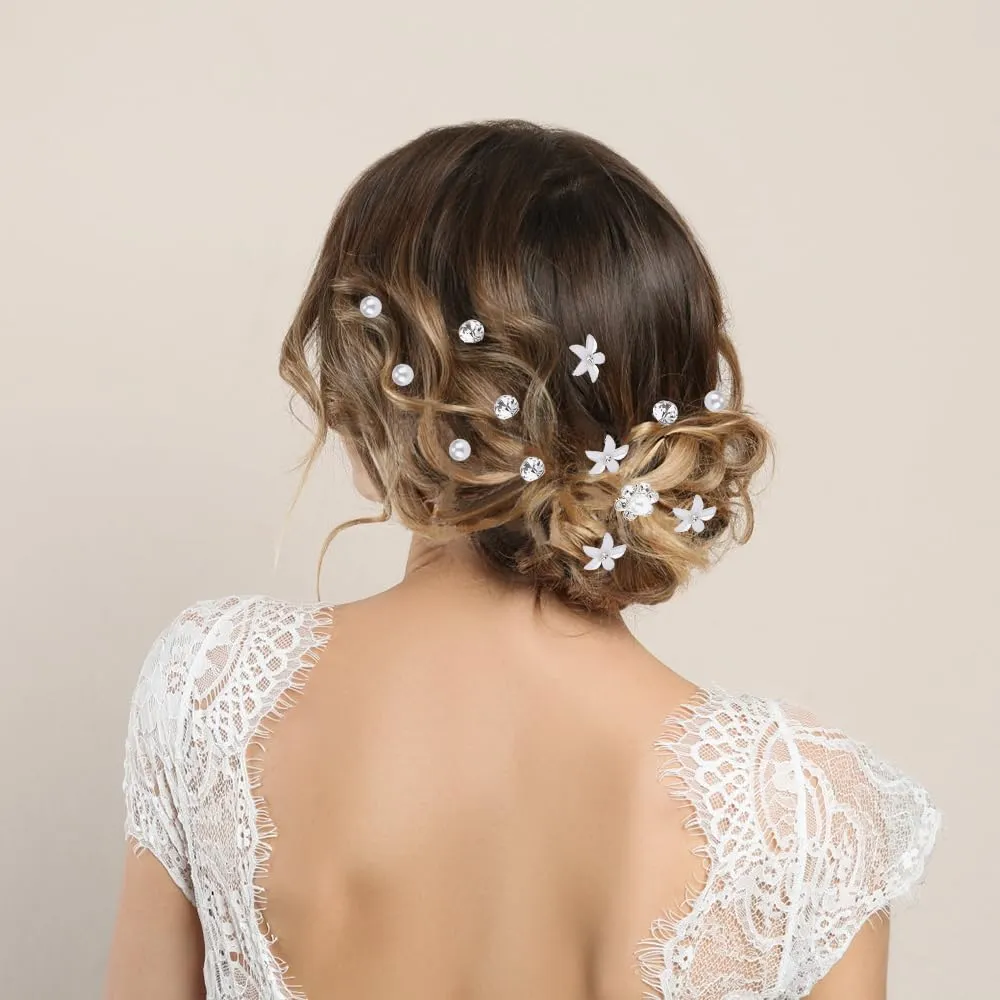 40Pcs Bride Wedding Hair Pins, Flower Bridal Hairpin, Crystal Pearl Hair Clip, Rhinestone Hair Barrettes U Shaped Hair Pins, Wedding Hair Accessories for Women, Girls, Bridesmaids(4 Styles)