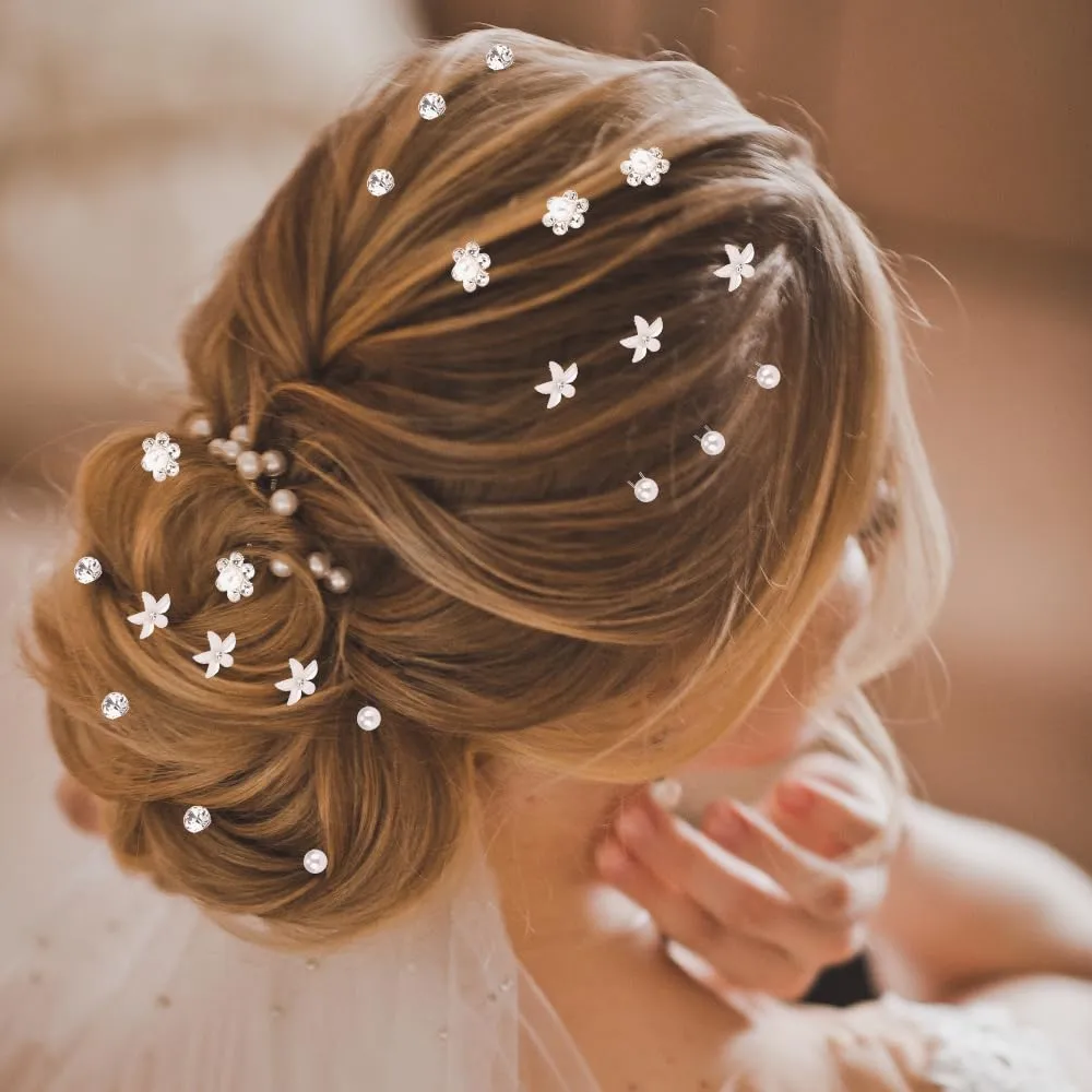40Pcs Bride Wedding Hair Pins, Flower Bridal Hairpin, Crystal Pearl Hair Clip, Rhinestone Hair Barrettes U Shaped Hair Pins, Wedding Hair Accessories for Women, Girls, Bridesmaids(4 Styles)