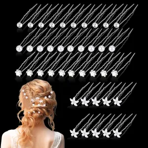 40Pcs Bride Wedding Hair Pins, Flower Bridal Hairpin, Crystal Pearl Hair Clip, Rhinestone Hair Barrettes U Shaped Hair Pins, Wedding Hair Accessories for Women, Girls, Bridesmaids(4 Styles)