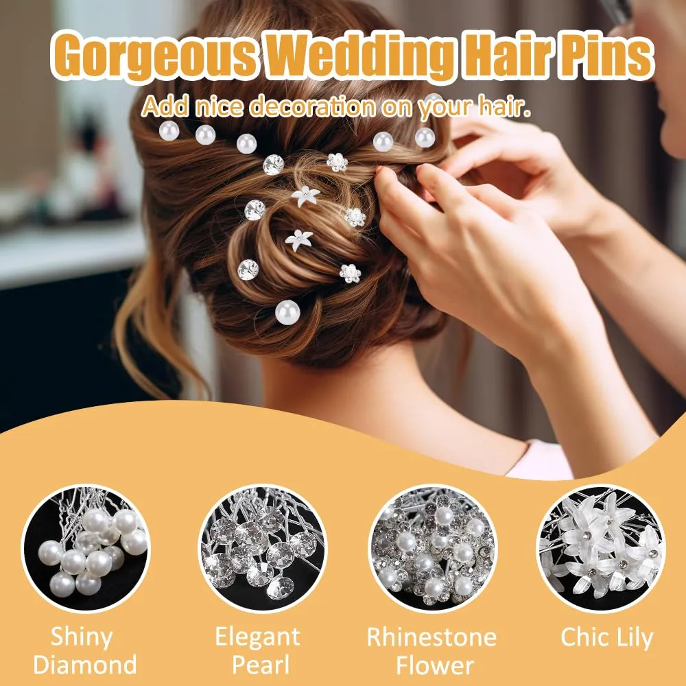 40Pcs Bride Wedding Hair Pins, Flower Bridal Hairpin, Crystal Pearl Hair Clip, Rhinestone Hair Barrettes U Shaped Hair Pins, Wedding Hair Accessories for Women, Girls, Bridesmaids(4 Styles)