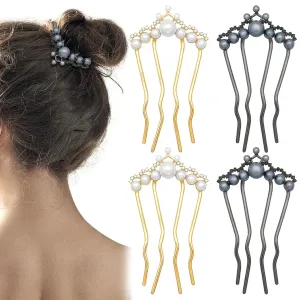 4Pcs Pearls Twist Hair Pins Crown Rhinestone French U Shape Hair Side Combs Metal Hair Fork Decorative Hairpins Updo Hair Sticks Clip Accessories for Wedding Brides Bridal Bridesmaids Women Girls