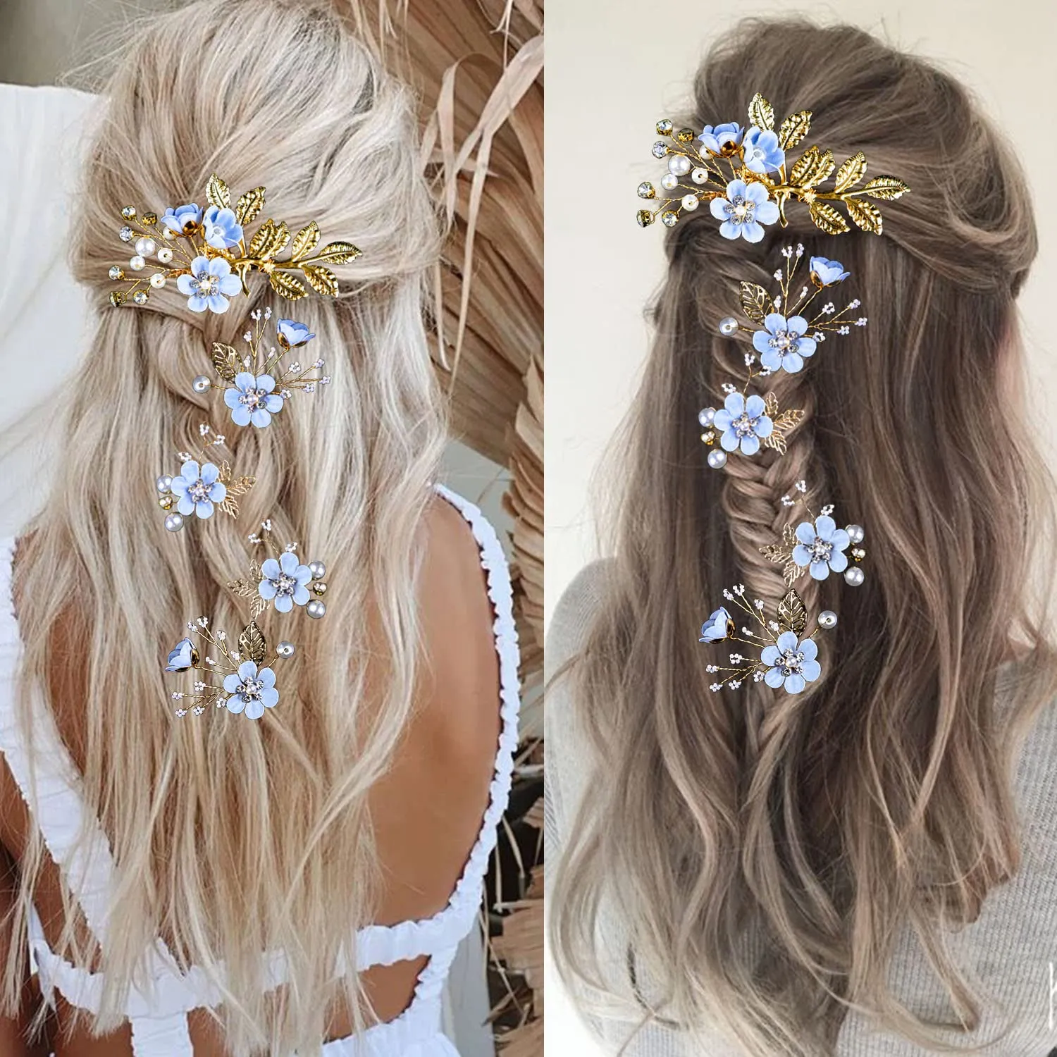 5 PCS Bridal Flower Wedding Hair Pins Crystal Pearl Hair Clips Headpiece Gold Wedding Hair Accessories Jewelry with Rhinestone for Brides Bridesmaids Women Girls Updo, Special Cream Blue