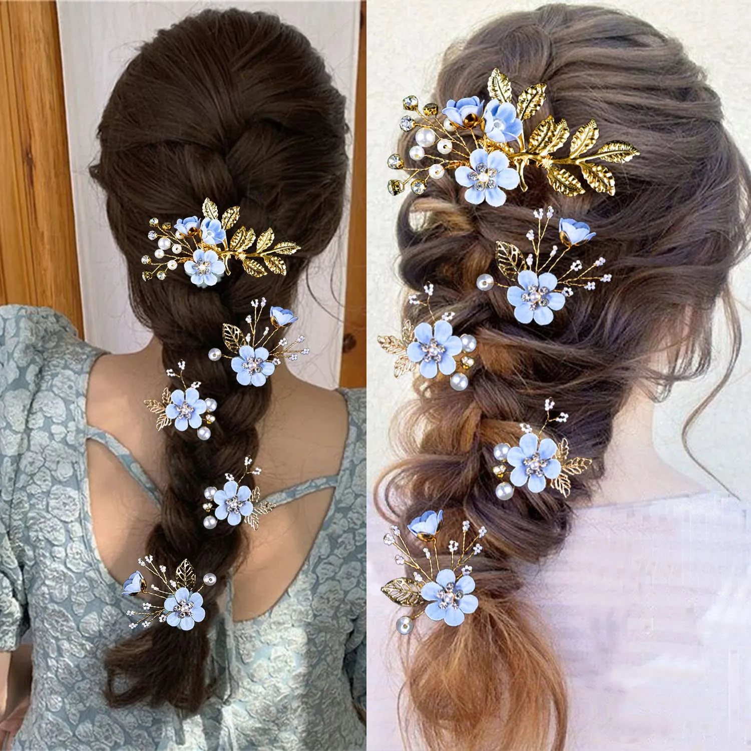 5 PCS Bridal Flower Wedding Hair Pins Crystal Pearl Hair Clips Headpiece Gold Wedding Hair Accessories Jewelry with Rhinestone for Brides Bridesmaids Women Girls Updo, Special Cream Blue