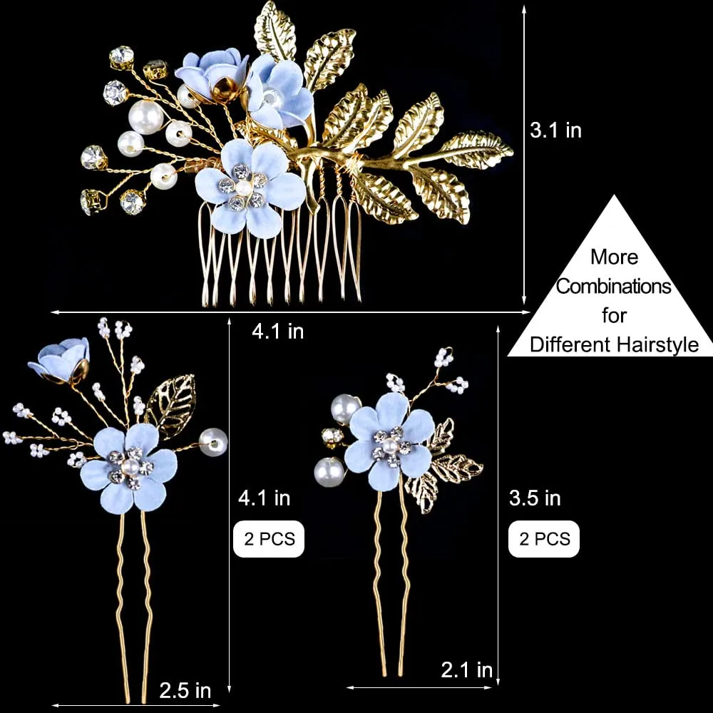 5 PCS Bridal Flower Wedding Hair Pins Crystal Pearl Hair Clips Headpiece Gold Wedding Hair Accessories Jewelry with Rhinestone for Brides Bridesmaids Women Girls Updo, Special Cream Blue