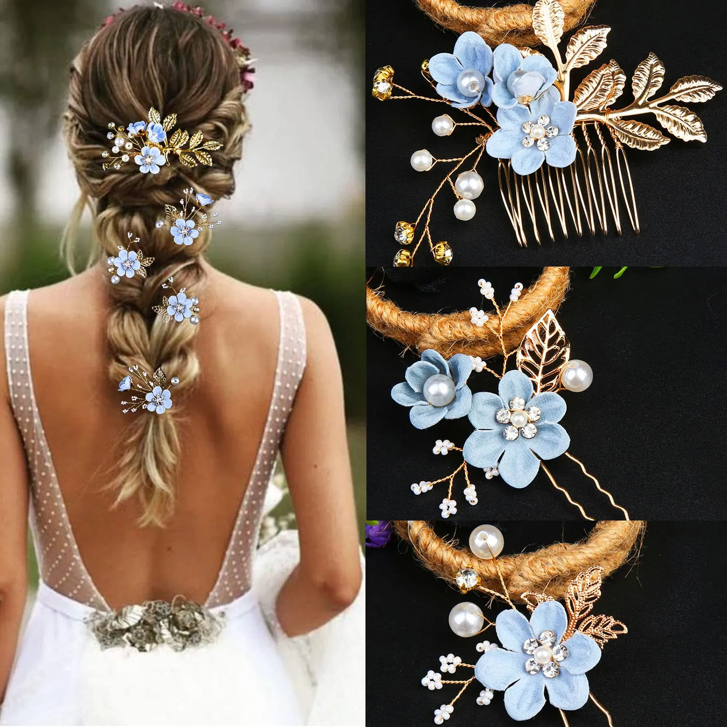 5 PCS Bridal Flower Wedding Hair Pins Crystal Pearl Hair Clips Headpiece Gold Wedding Hair Accessories Jewelry with Rhinestone for Brides Bridesmaids Women Girls Updo, Special Cream Blue