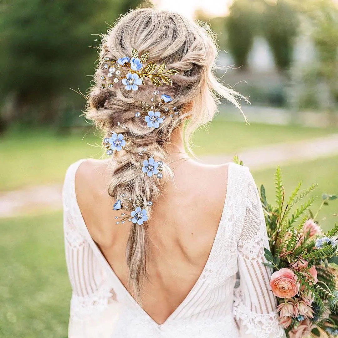 5 PCS Bridal Flower Wedding Hair Pins Crystal Pearl Hair Clips Headpiece Gold Wedding Hair Accessories Jewelry with Rhinestone for Brides Bridesmaids Women Girls Updo, Special Cream Blue