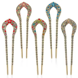 5 Pcs French Hair Pin U Pins for Hair Bun Vintage Hair Fork Metal Hair Chopsticks Decorative Hair Pins Rhinestone Crystal Double Prong Hairpin Stick Carving Hair Bun Accessories for Women