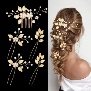 5 Pieces Bridal Hair Pins: Gold Leaf Rhinestone Pearl Clips Headpiece, Vintage Accessories for Brides, Bridesmaids, Flower Girls