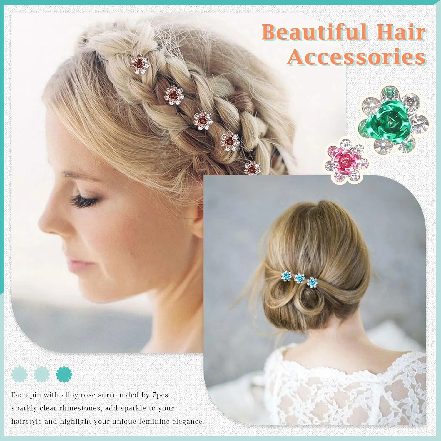 50 Pcs Crystal Hair Pins Rose Flower Rhinestone Hair Clips U Shaped Hair Pins Bobby Pins Bun Hairpins for Wedding Bridal Women Hair Jewelry Accessories with Storage Case(10 Colors)