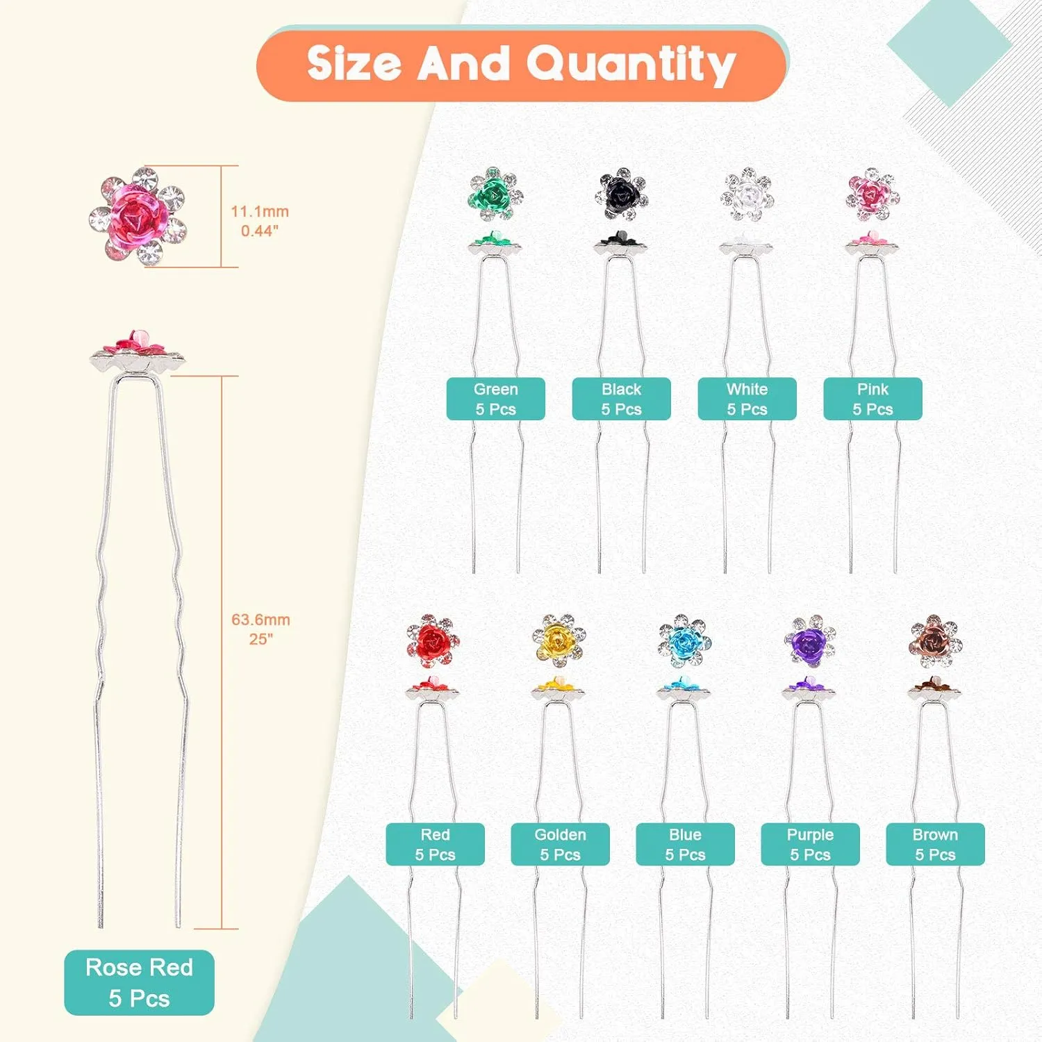 50 Pcs Crystal Hair Pins Rose Flower Rhinestone Hair Clips U Shaped Hair Pins Bobby Pins Bun Hairpins for Wedding Bridal Women Hair Jewelry Accessories with Storage Case(10 Colors)