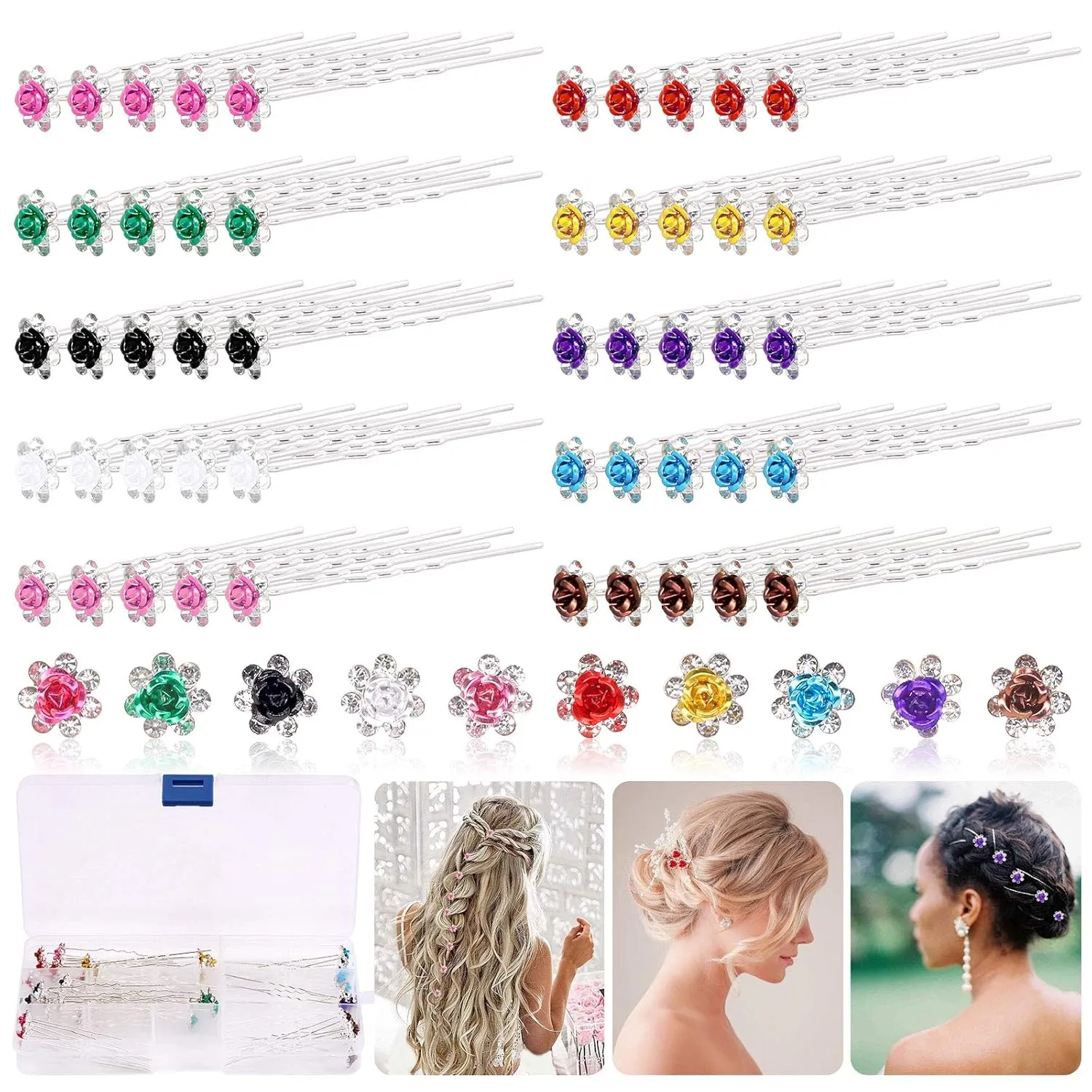 50 Pcs Crystal Hair Pins Rose Flower Rhinestone Hair Clips U Shaped Hair Pins Bobby Pins Bun Hairpins for Wedding Bridal Women Hair Jewelry Accessories with Storage Case(10 Colors)