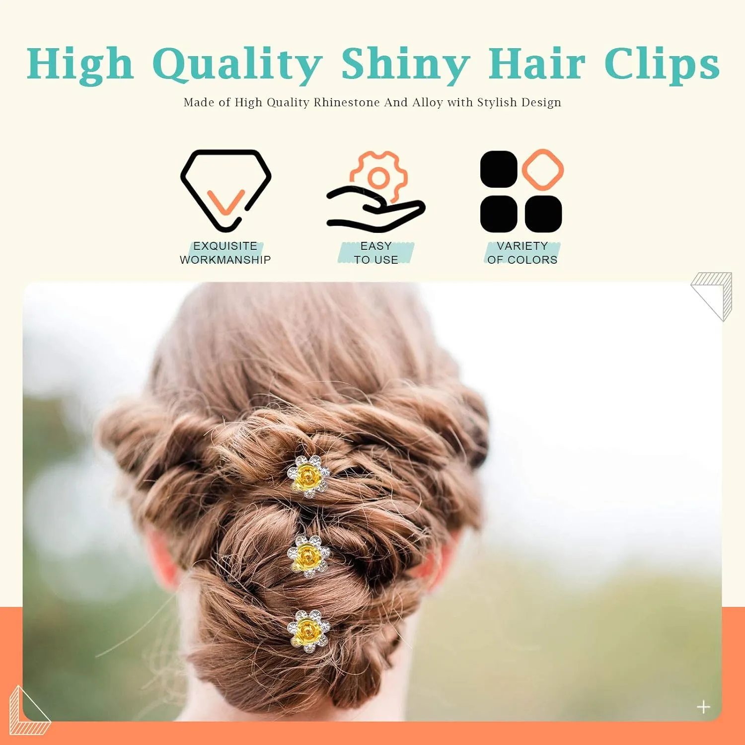 50 Pcs Crystal Hair Pins Rose Flower Rhinestone Hair Clips U Shaped Hair Pins Bobby Pins Bun Hairpins for Wedding Bridal Women Hair Jewelry Accessories with Storage Case(10 Colors)