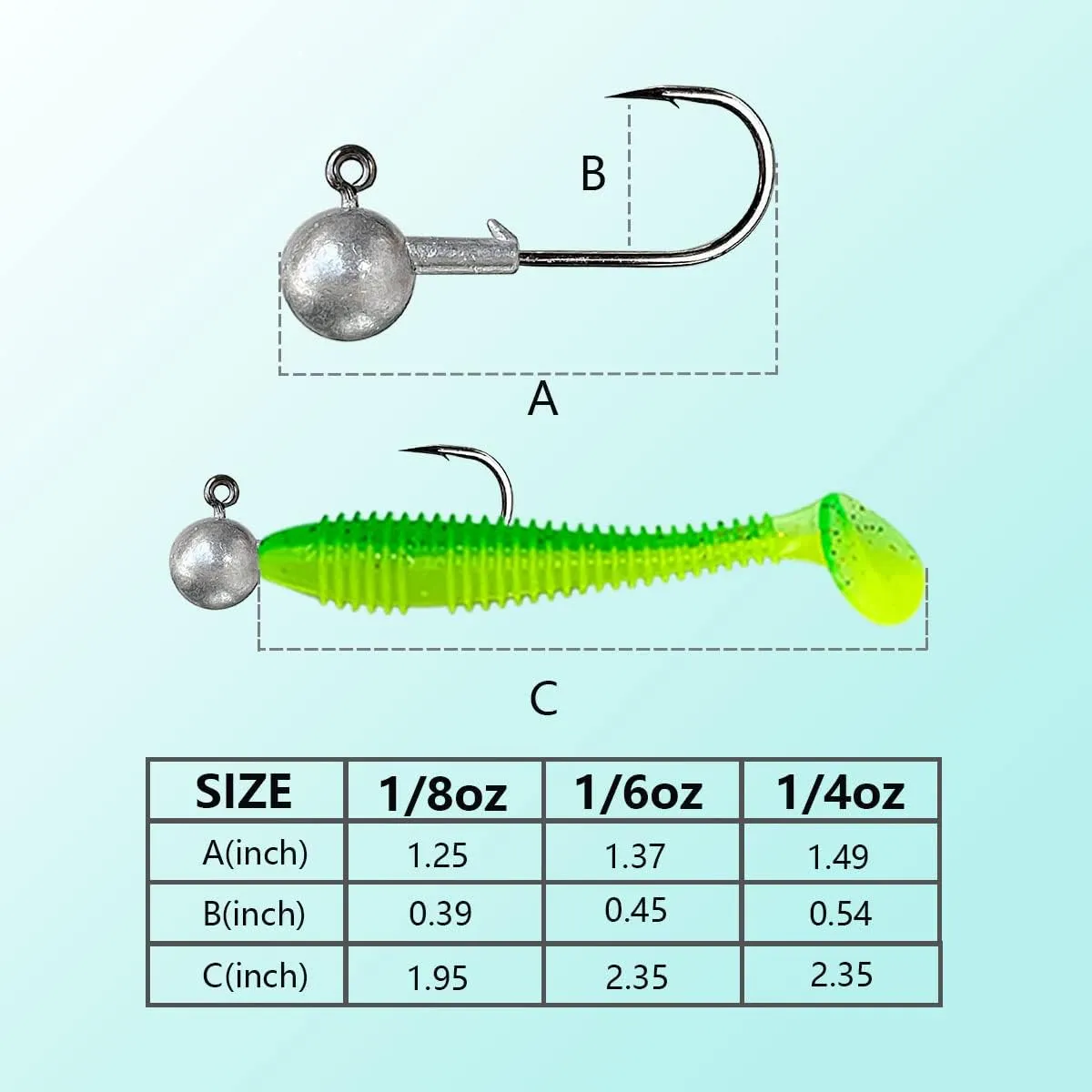 50pcs Round Ball Fishing Jig Heads Set, Fishing Hooks for Saltwater Freshwater Swimbait Bass Trout, 1/8oz 1/6oz 1/4oz