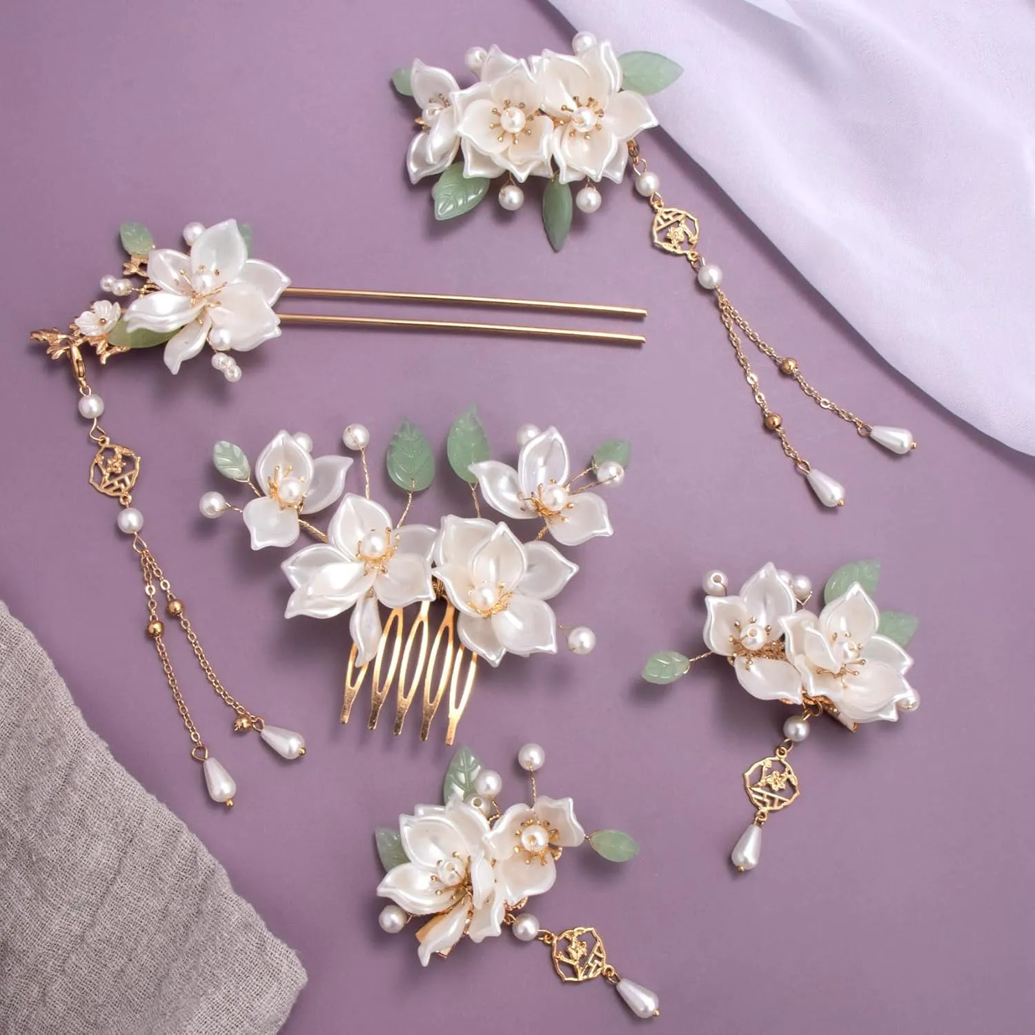 5PCS Camellia Flower Tassels Hairpin, Crystal Rhinestone Pearl Hair Clips Headpiece Retro Chinese Hanfu Wedding Brides Hair Accessories Korean Jewelry for Women Girls Updo Long Hair