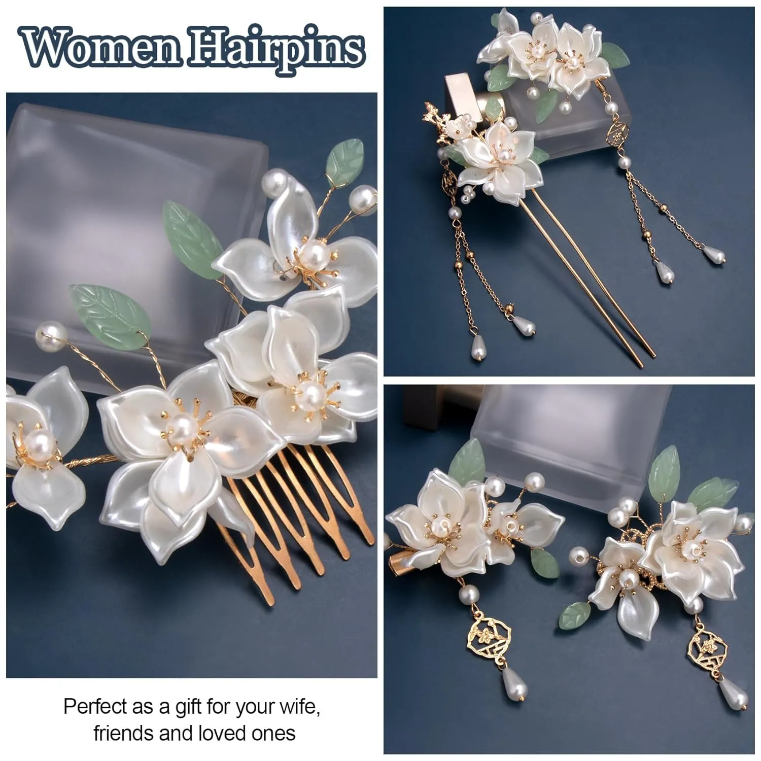 5PCS Camellia Flower Tassels Hairpin, Crystal Rhinestone Pearl Hair Clips Headpiece Retro Chinese Hanfu Wedding Brides Hair Accessories Korean Jewelry for Women Girls Updo Long Hair