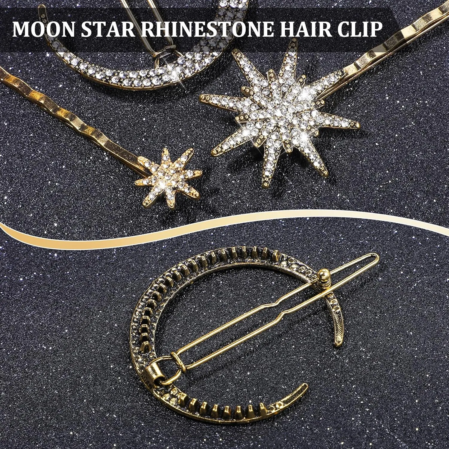 6 Pcs Rhinestone Star Moon Hair Clips, Gold Hair Accessories, Vintage Hair Pin Metal Snowflake Diamond-studded Bobby Pins Bride Wedding Hairpins Side Clip for Women Girls(Gold)