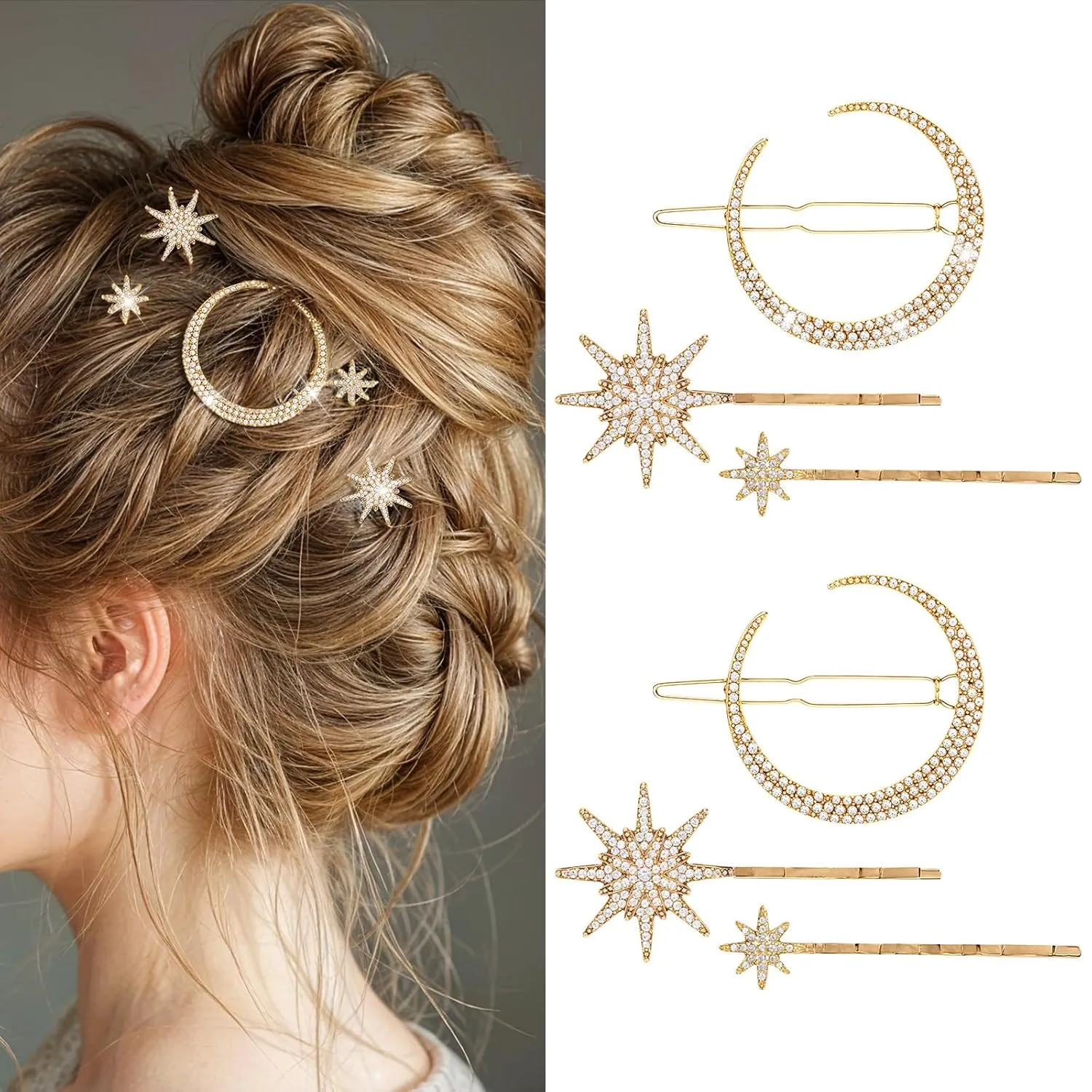 6 Pcs Rhinestone Star Moon Hair Clips, Gold Hair Accessories, Vintage Hair Pin Metal Snowflake Diamond-studded Bobby Pins Bride Wedding Hairpins Side Clip for Women Girls(Gold)