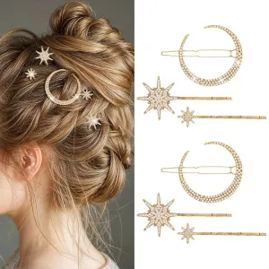 6 Pcs Rhinestone Star Moon Hair Clips, Gold Hair Accessories, Vintage Hair Pin Metal Snowflake Diamond-studded Bobby Pins Bride Wedding Hairpins Side Clip for Women Girls(Gold)
