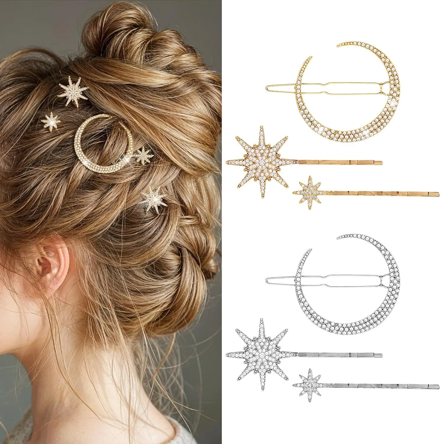 6 Pcs Rhinestone Star Moon Hair Clips, Vintage Hair Pins, Gold Hair Accessories Metal Snowflake Diamond-studded Bobby Pins Bride Wedding Hairpins Side Clip for Women Girls(Gold Silver)