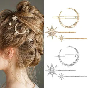 6 Pcs Rhinestone Star Moon Hair Clips, Vintage Hair Pins, Gold Hair Accessories Metal Snowflake Diamond-studded Bobby Pins Bride Wedding Hairpins Side Clip for Women Girls(Gold Silver)