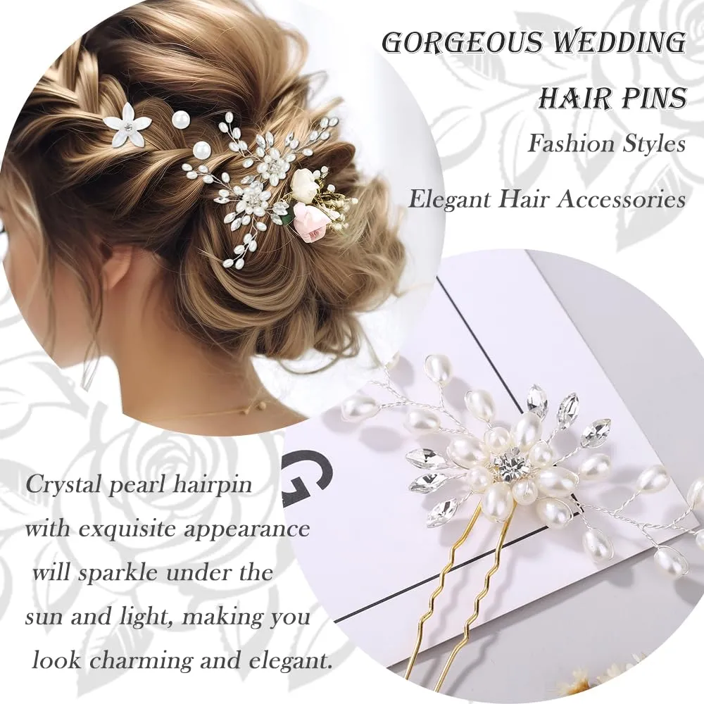 6 Pieces Bride Wedding Hair Pins, FHDUSRYO Flower Bridal Hairpin, Crystal Pearl Hair Clip, Rhinestone Hair Barrettes, U Shaped Hair Pins Wedding Hair Accessories for Women, Girls, Bridesmaids