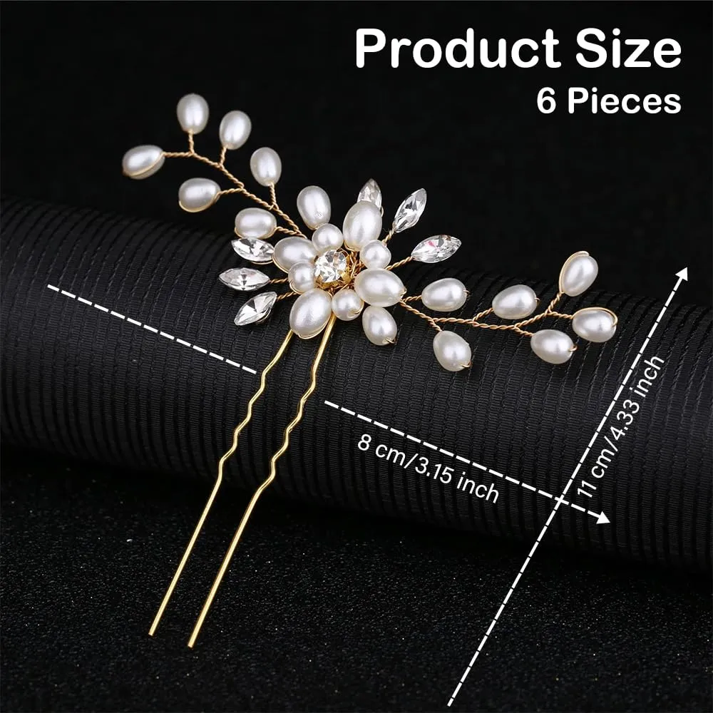 6 Pieces Bride Wedding Hair Pins, FHDUSRYO Flower Bridal Hairpin, Crystal Pearl Hair Clip, Rhinestone Hair Barrettes, U Shaped Hair Pins Wedding Hair Accessories for Women, Girls, Bridesmaids