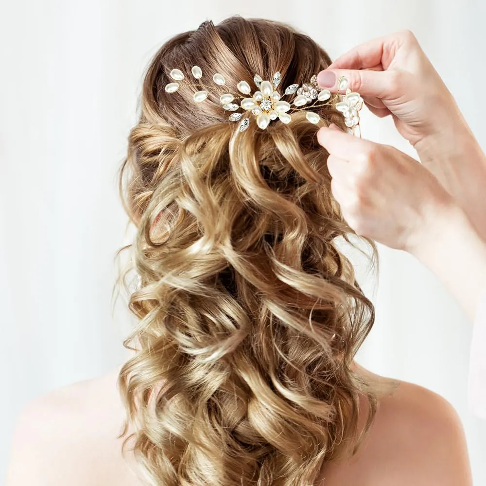 6 Pieces Bride Wedding Hair Pins, FHDUSRYO Flower Bridal Hairpin, Crystal Pearl Hair Clip, Rhinestone Hair Barrettes, U Shaped Hair Pins Wedding Hair Accessories for Women, Girls, Bridesmaids