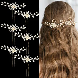 6 Pieces Bride Wedding Hair Pins, FHDUSRYO Flower Bridal Hairpin, Crystal Pearl Hair Clip, Rhinestone Hair Barrettes, U Shaped Hair Pins Wedding Hair Accessories for Women, Girls, Bridesmaids